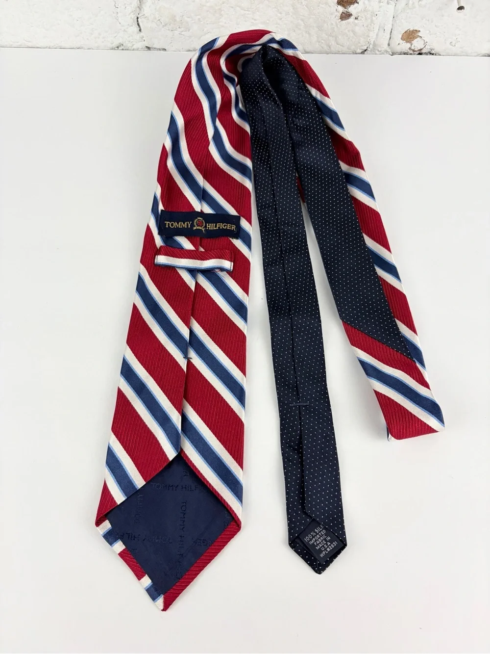 Tommy Hilfiger Silk Red White Navy Blue Striped Neck Tie